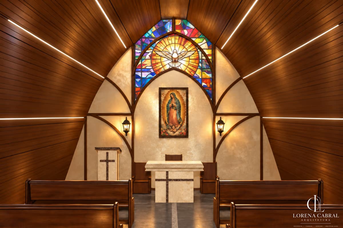 Render externo da Capela Nossa Senhora de Guadalupe com adro e campanário