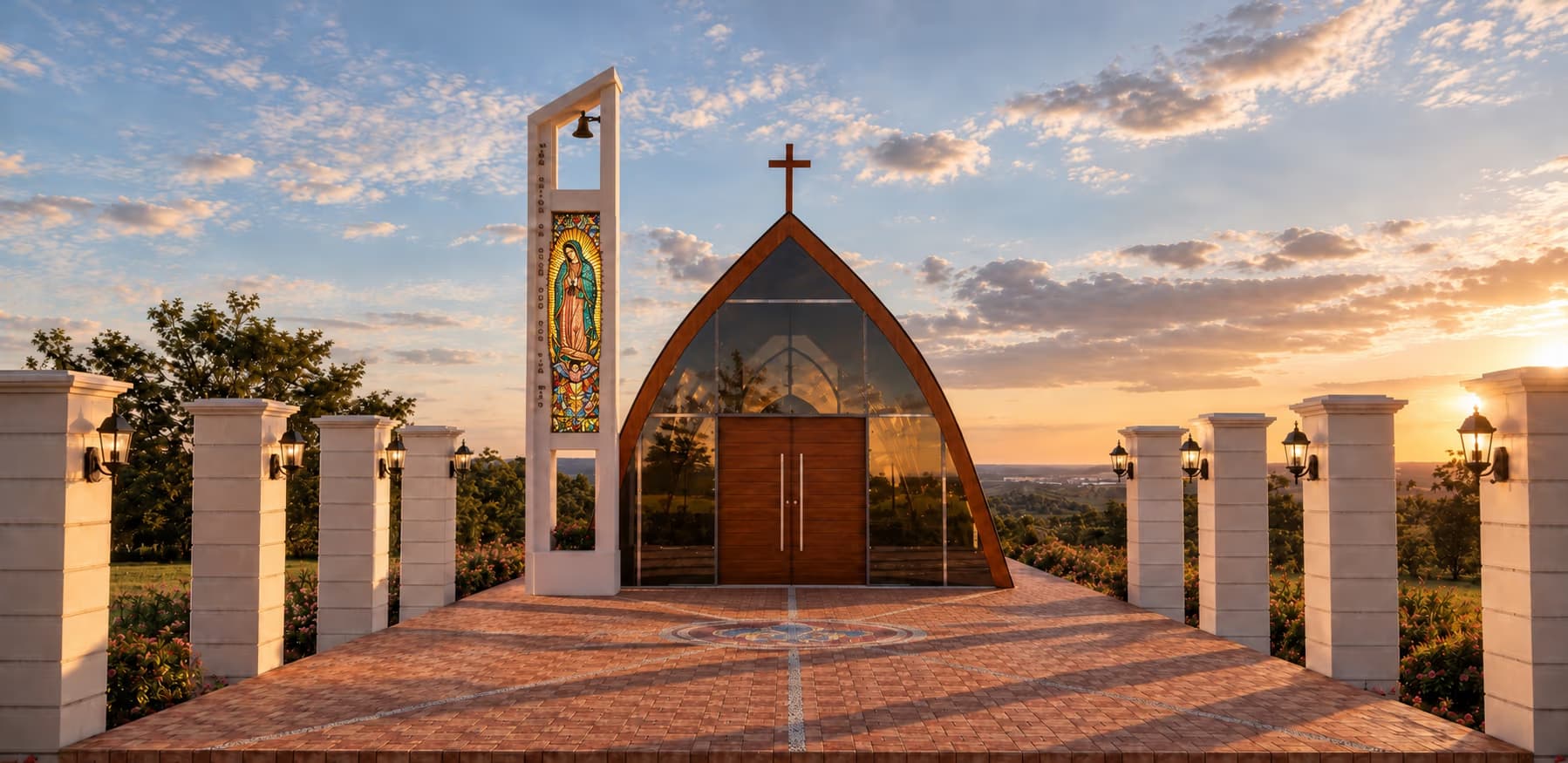 Render exterior da Capela Nossa Senhora de Guadalupe com adro e campanário